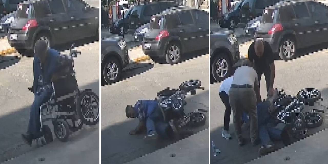 Akülü sandalyesiyle kaldırımdan düşen engelliye esnaf koştu