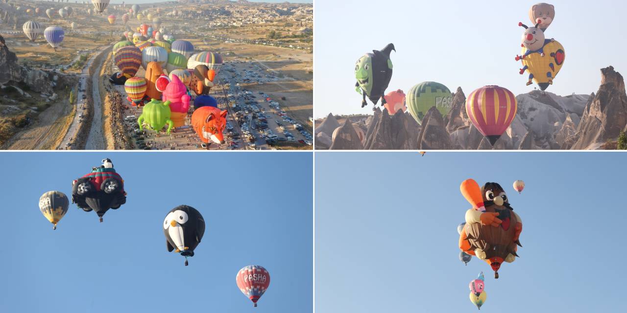 Kapadokya’da semalar renk cümbüşü! 27 ülkeden figürlü balonlar uçtu