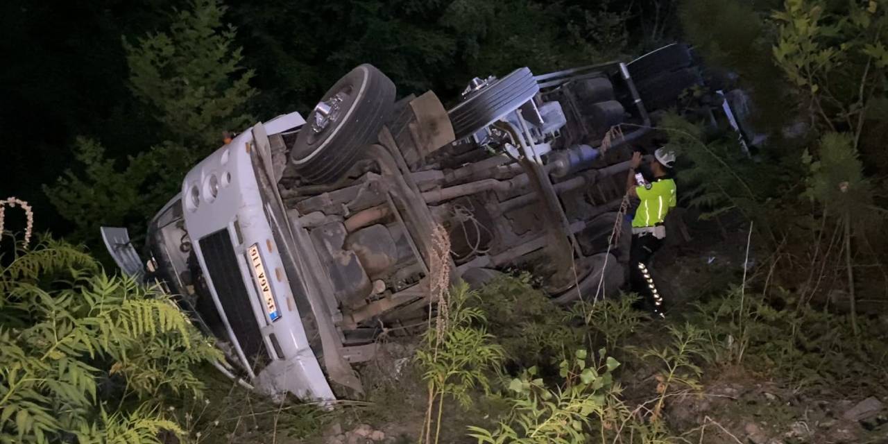 Lastiği patlayan biber yüklü kamyon şarampole yuvarlandı!