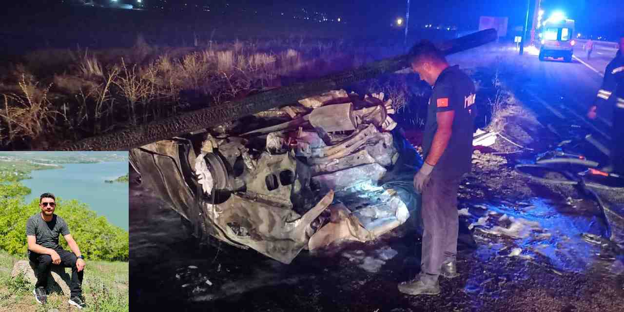 Kaza anında elektrik direğine çarpan otomobil alev topuna döndü! 1 ölü