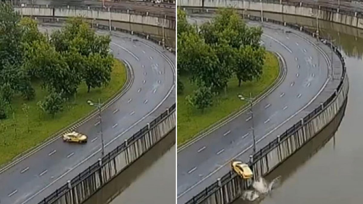Viraja hızlı giren taksi nehre uçtu! Korkunç kaza kamerada 