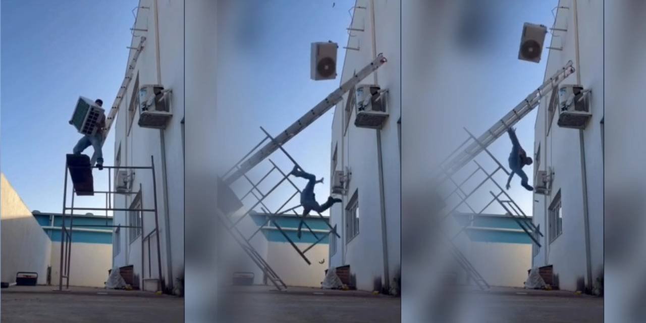 Merdivenden düştü: Üzerine klima devrildi