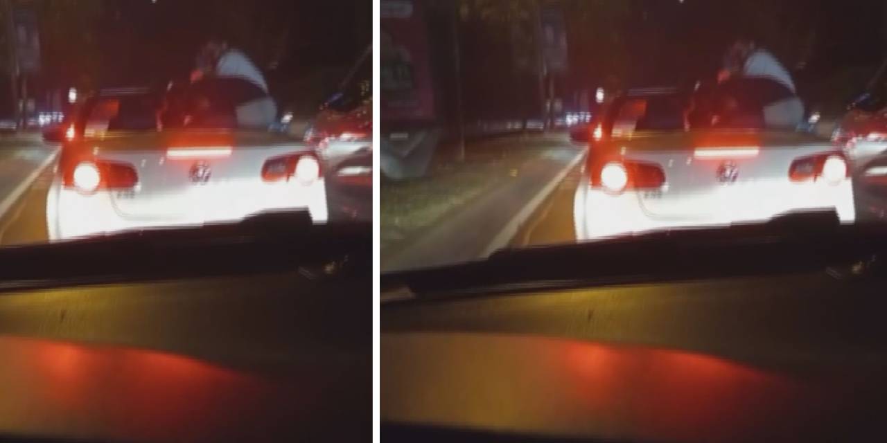 Sarıyer'de trafikte tehlikeli şov! Kapıya oturarak yolculuk ettiler