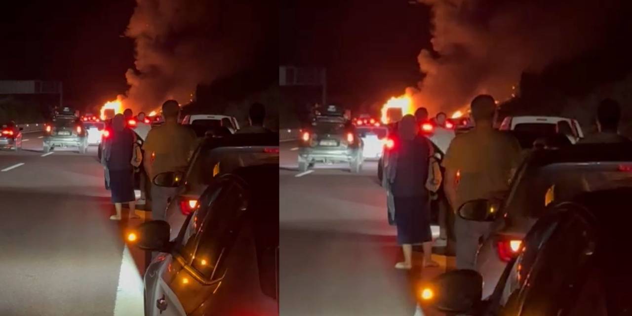 Seyir halindeki TIR alev topuna döndü: Sürücü son anda kurtuldu