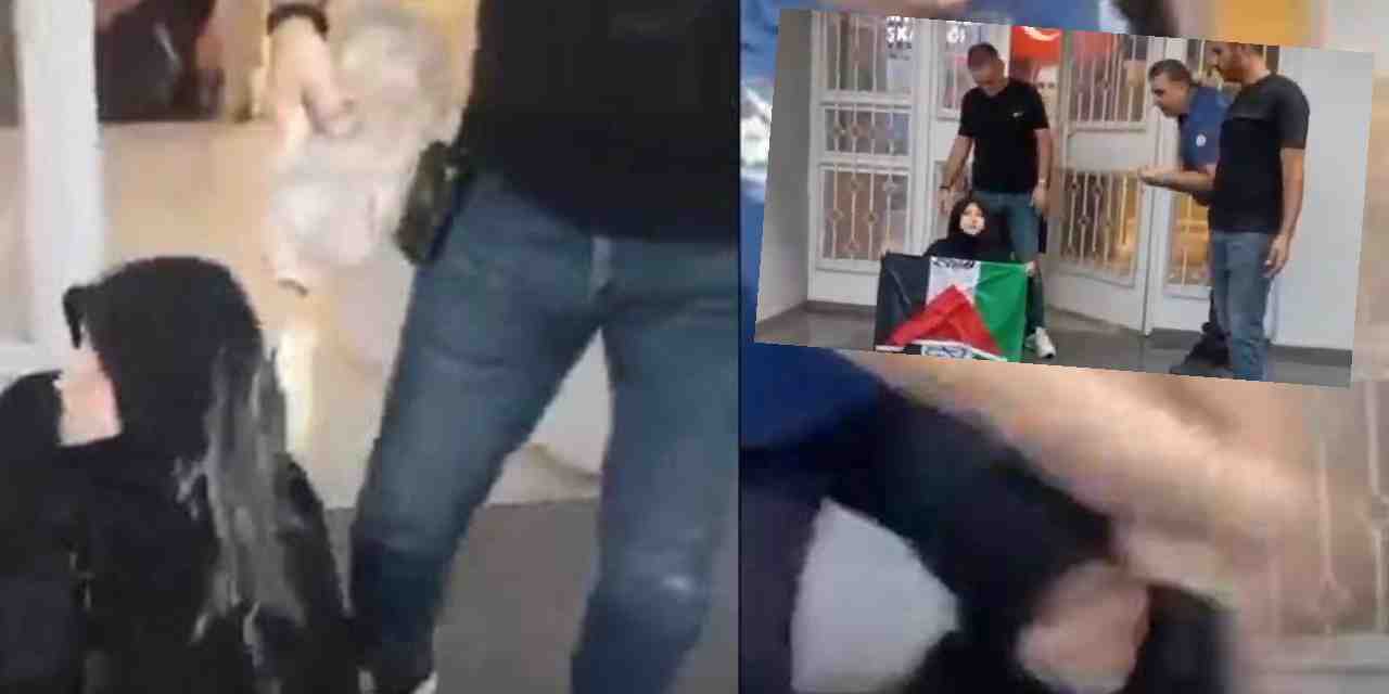 AKP önünde Gazze eylemi yapan kadına sert müdahale: Üzerine su döküp bir de tekmelediler!