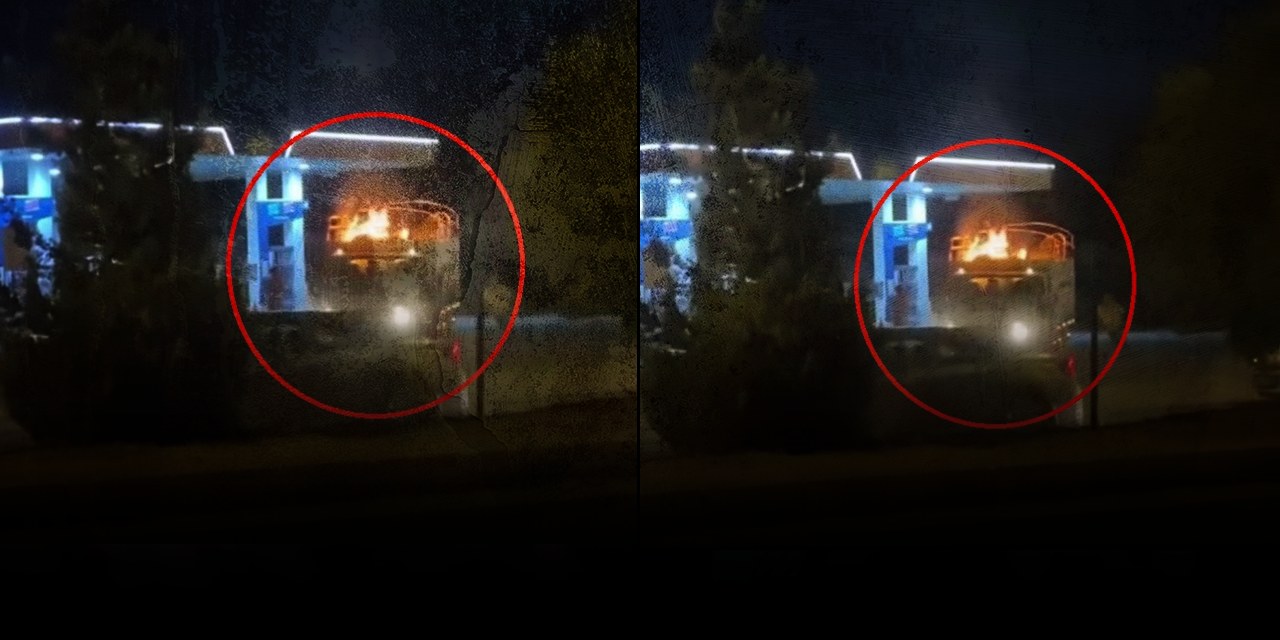 Kasası alev alan kamyonet akaryakıt istasyonuna girdi
