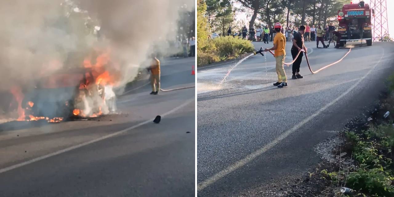 Seyir halindeki otomobil yanmaya başladı: Orman yangını faciasından dönüldü