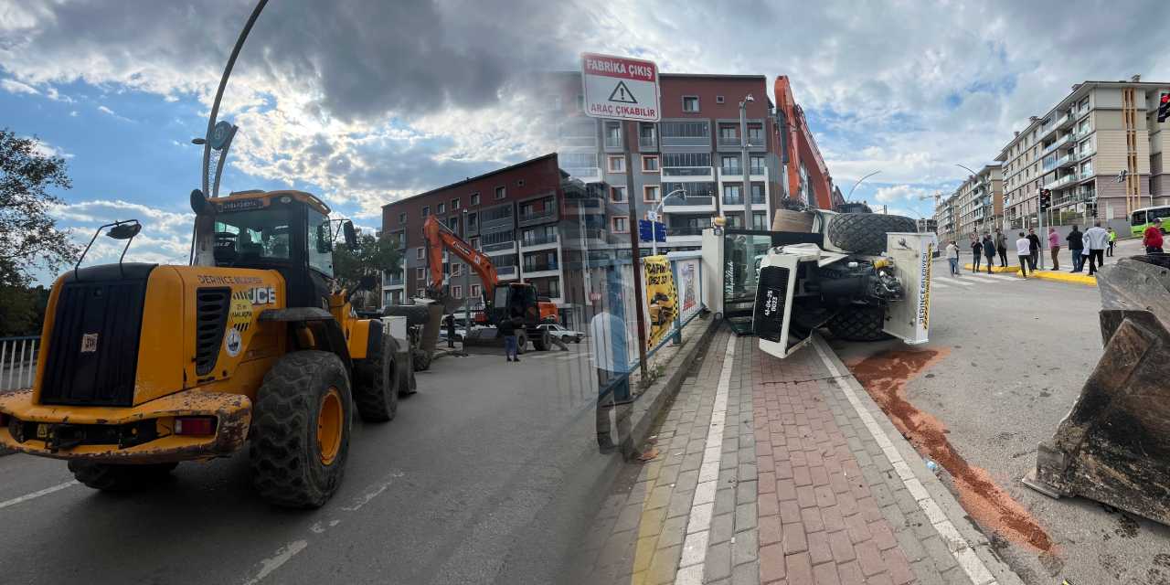 Kocaeli’de korkutan olay! Tırın üzerindeki asfalt silindiri devrildi