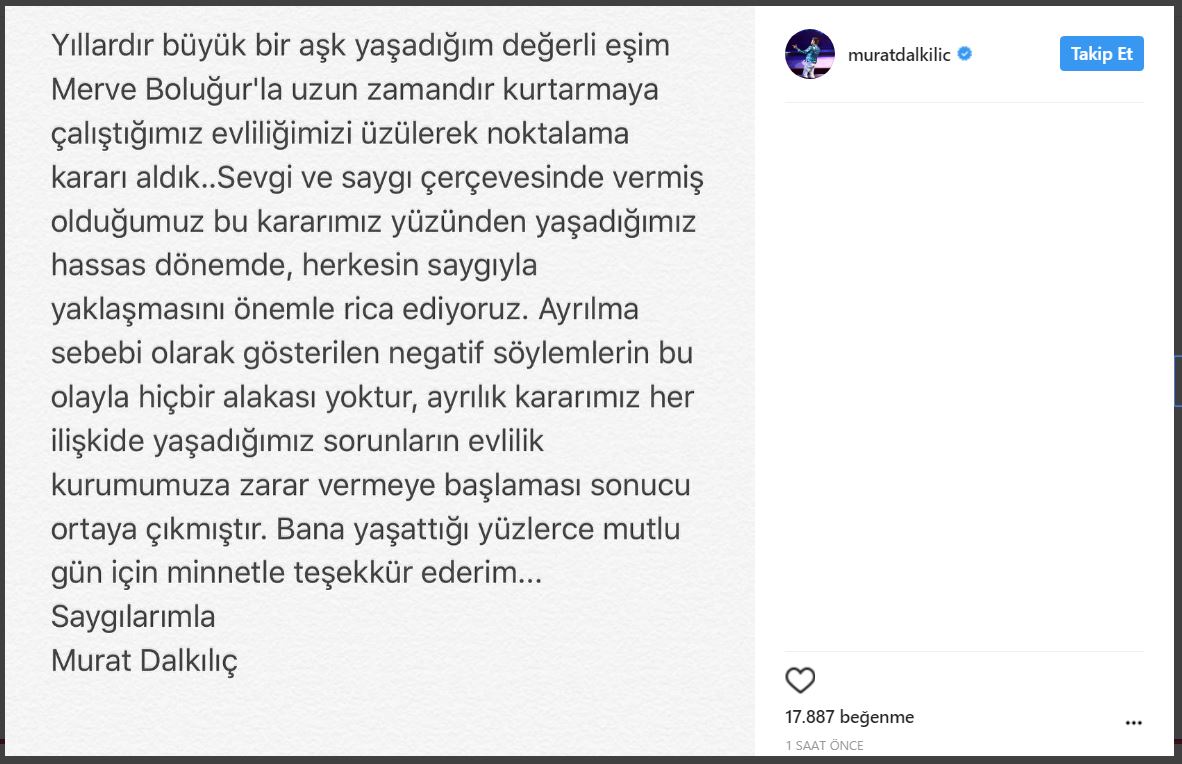İlk açıklama geldi: Murat Dalkılıç ve Merve Boluğur boşanıyor!