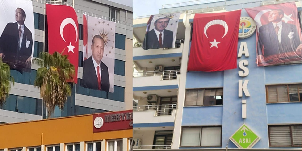 Adana'da Büyükşehir binasında Atatürk ile beraber Erdoğan posteri!