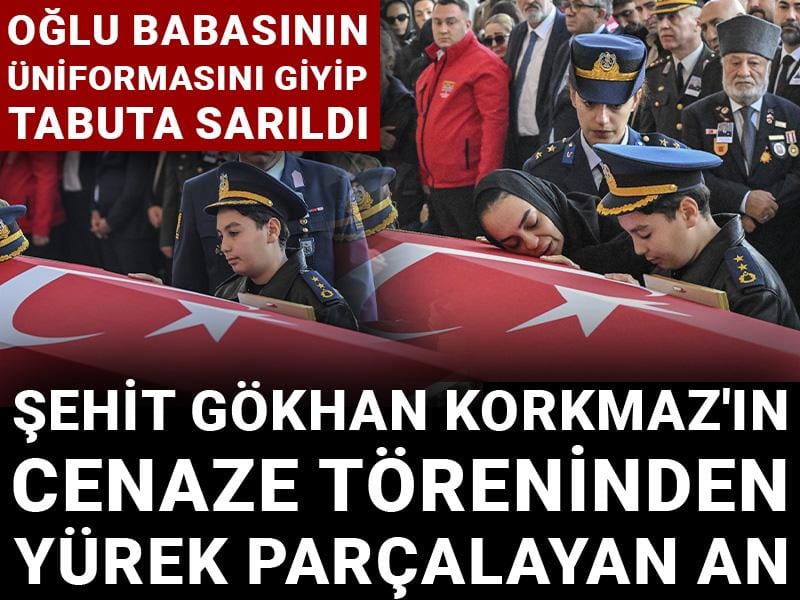 Şehit Gökhan Korkmaz'ın cenaze töreninden yürek parçalayan an! Oğlu babasının üniformasını giyip tabuta sarıldı