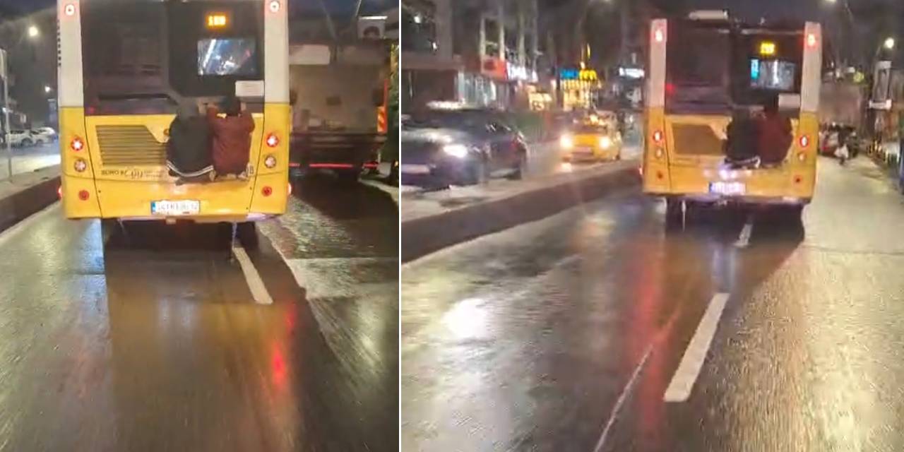 Canlarını hiçe saydılar! Otobüse tutunan iki çocuk yürekleri ağza getirdi