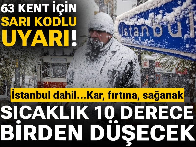 63 kent için sarı kodlu uyarı! Sıcaklık 10 derece birden düşecek: İstanbul dahil...Kar, fırtına, sağanak
