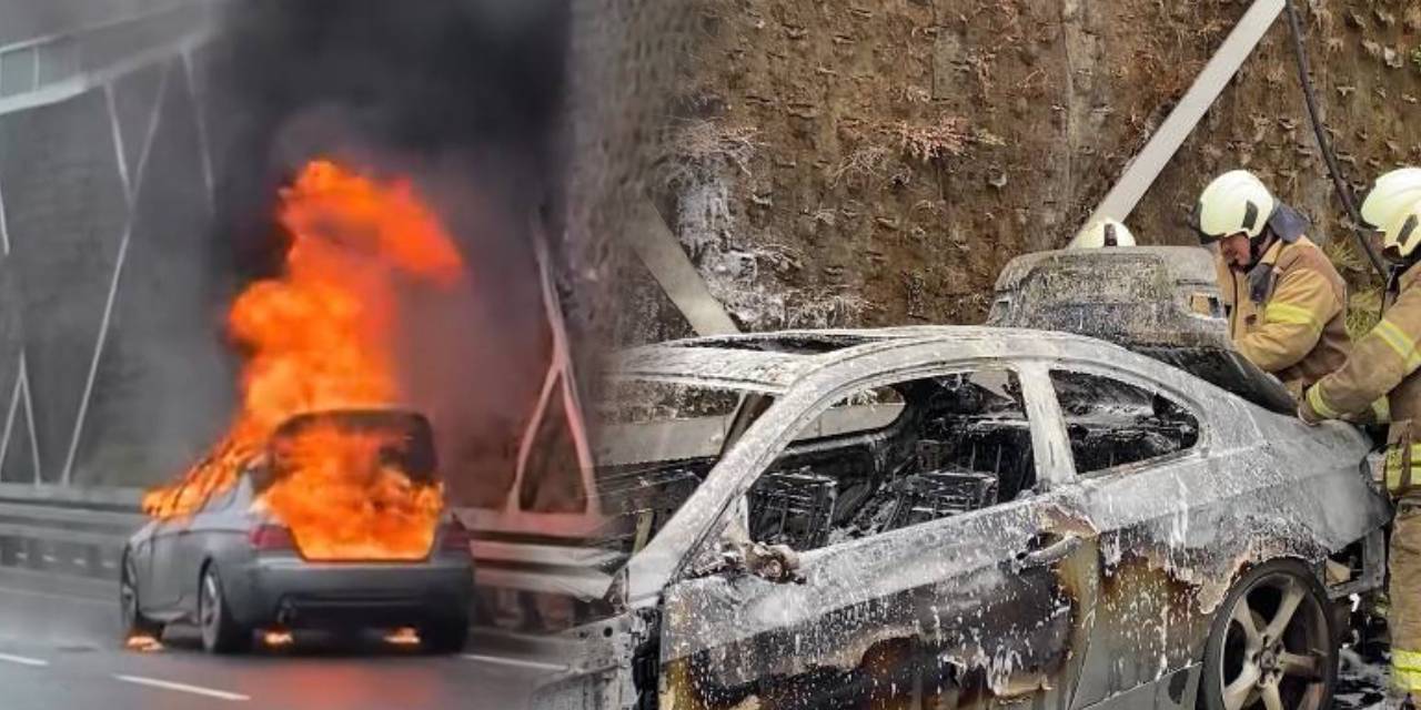 Otomobil caddenin ortasında alev alev yandı: Geriye demir yığını kaldı