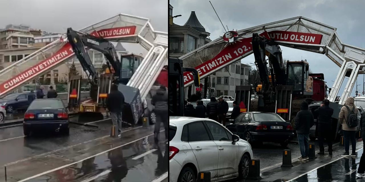 TIR'ın üzerindeki ekskavatör dev tabelaya çarptı: 7 araçta hasar oluştu