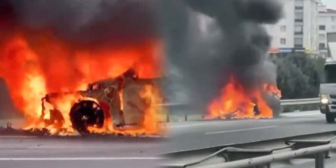 TEM Otoyolu’nda yangın paniği! Cip alev topuna döndü