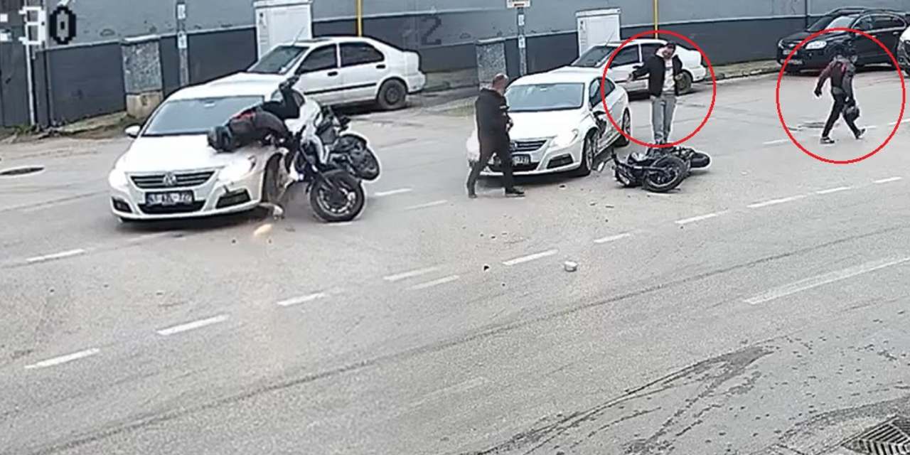 Sinyal vermedi kazaya sebep oldu! Yaralanan motosikletliye değil aracına koştu