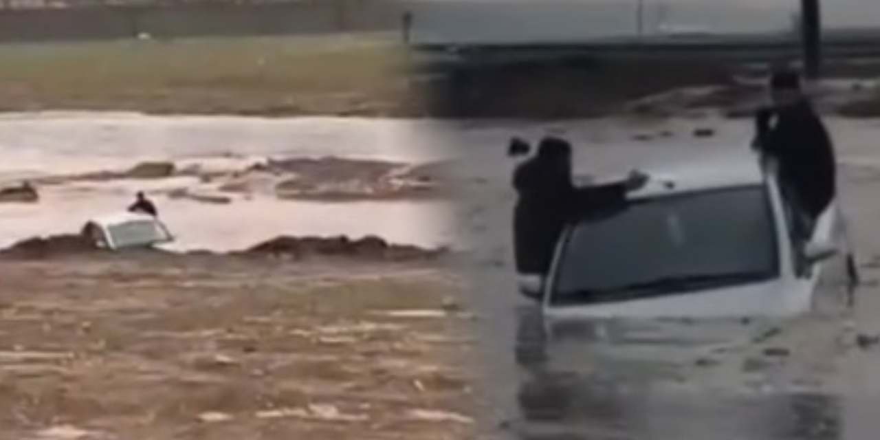 Sağanağın ardından oluşan gölette mahsur kaldılar! Yardıma itfaiye koştu