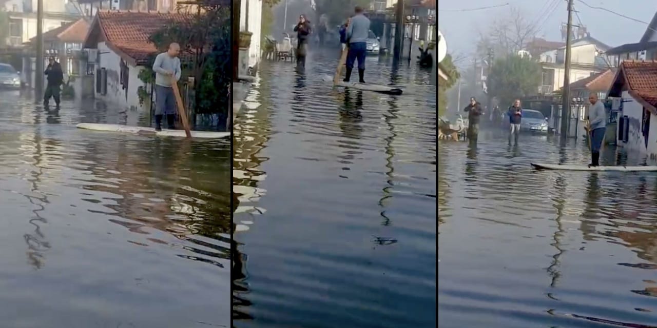 Muğla'yı vuran sağanak sonrası ilginç görüntü: Göle dönen yolda kano ile ilerledi