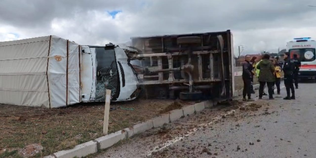 Refüje çıkan büyükbaş yüklü kamyonet devrildi: 3 yaralı