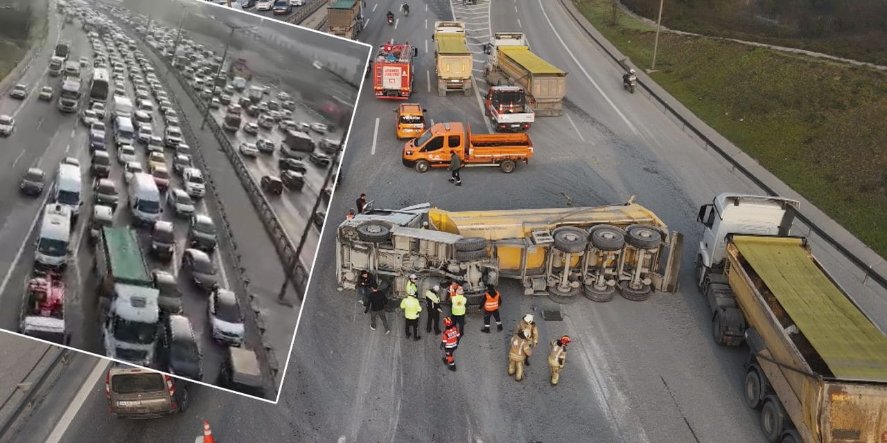 TEM'de hafriyat kamyonu devrildi: Trafik kilit!