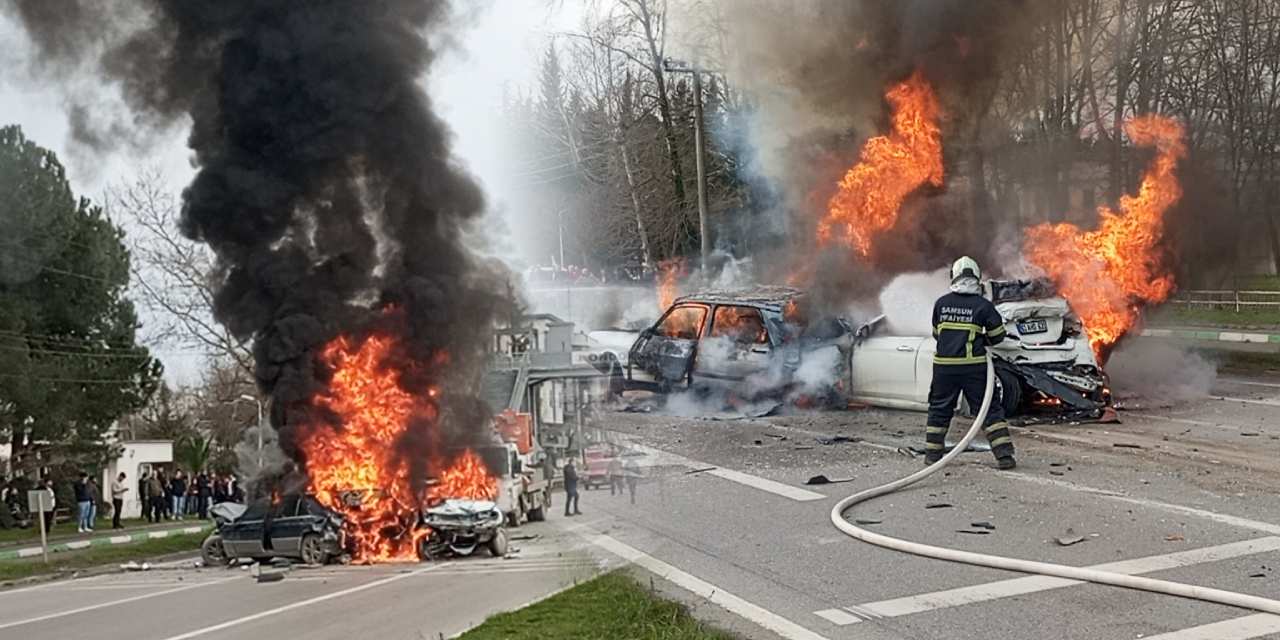 6 aracın birbirine girdiği zincirleme kazanın ardından yangın felaketi!