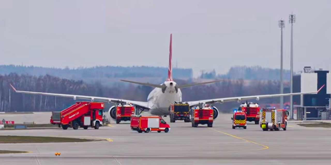 THY uçağı Münih’e iner inmez itfaiye ekipleri harekete geçti