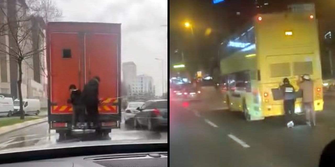 Çocukların hareket halindeki kamyon ve otobüsteki tehlikeli yolculuğu kamerada