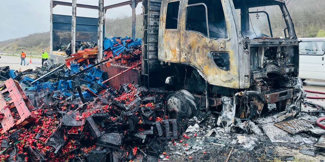 Çilek yüklü kamyon alev alev yandı