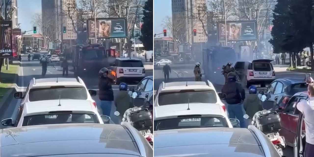 Milyonluk aracın lastikleri alev aldı! Şişli'de trafik felç oldu