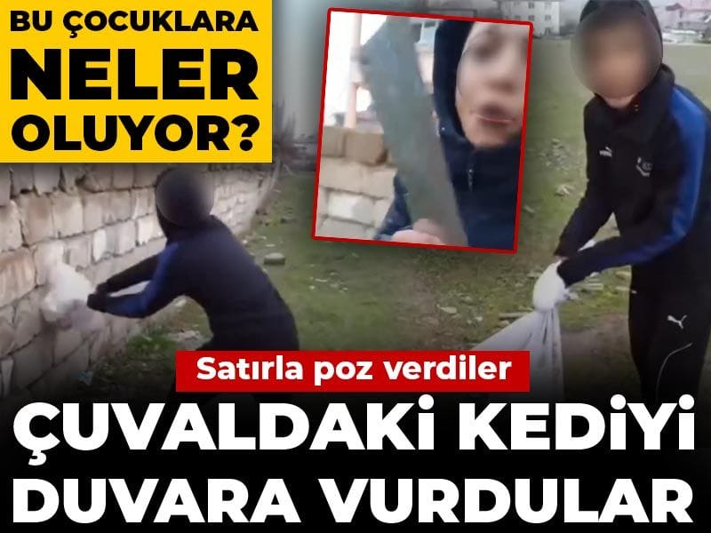 Bu çocuklara neler oluyor? Çuvaldaki kediyi duvara vurup satırla poz verdiler