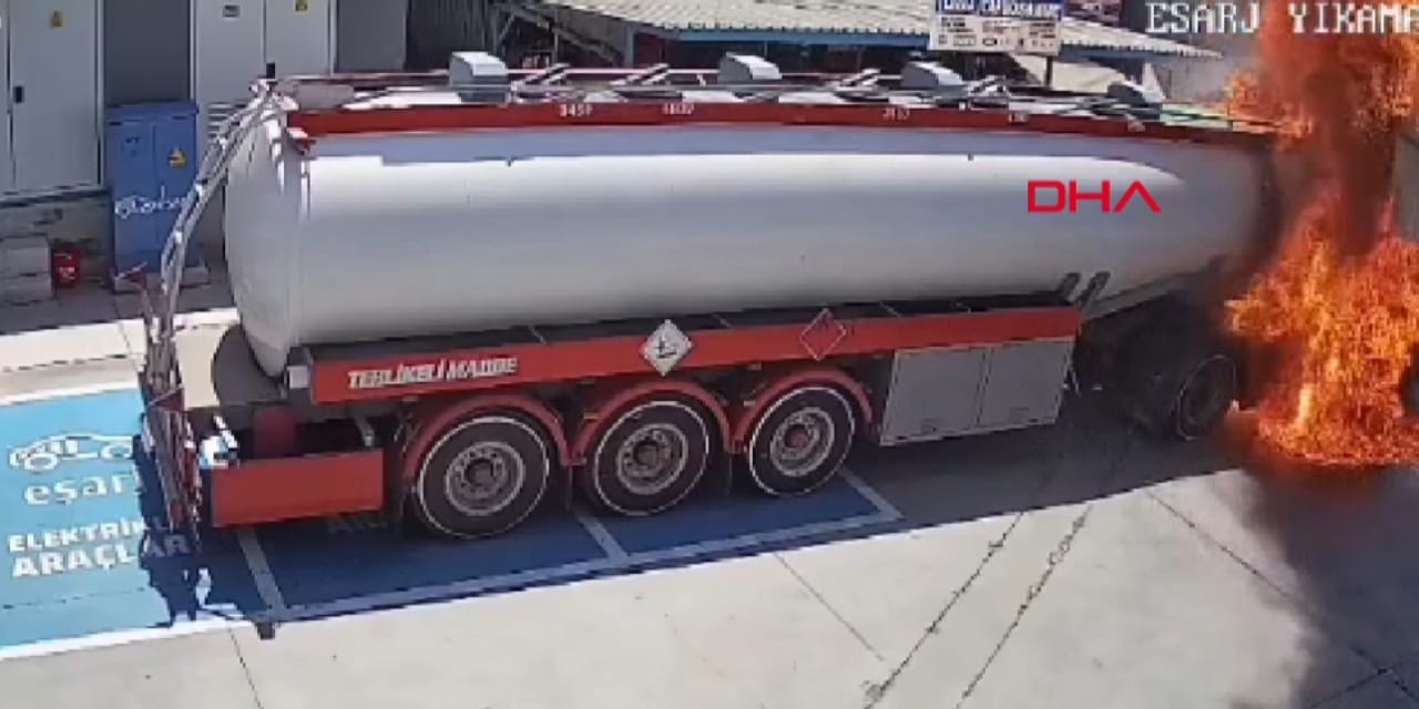 Mazot yüklü tanker alev aldı! 7 araç ve 17 personelle facianın önüne geçildi