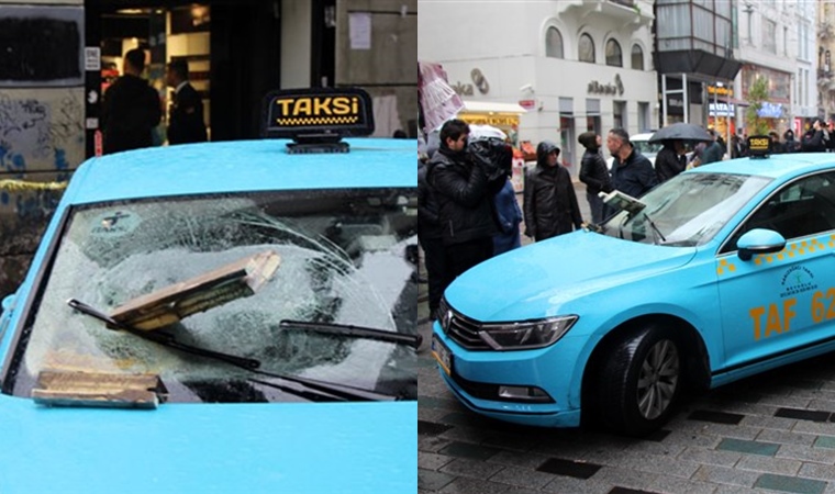 İstiklal Caddesi'nde seyir halinde olan taksiye beton parçası saplandı