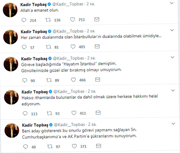 İstifa et(tiril)en Topbaş twit atıp Erdoğan'a teşekkür etti