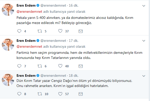 CHP'li Eren Erdem Twitter'dan Kırım Tatarlarına destek verdi
