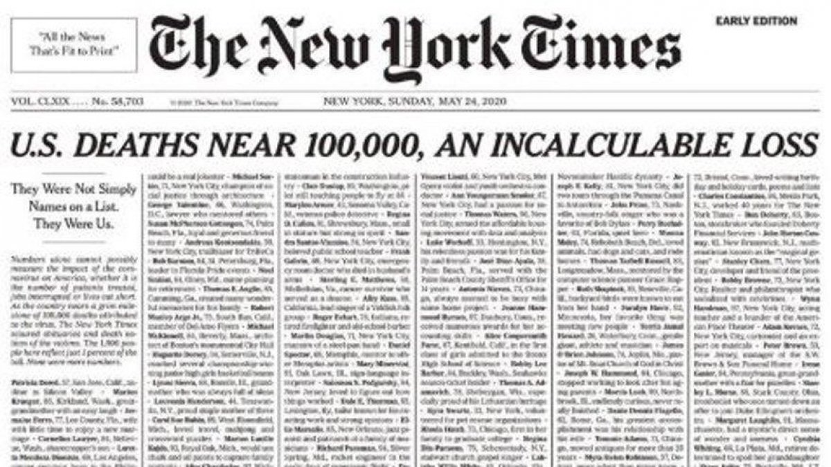 NYT, ilk sayfasında salgında yaşamını yitirenlerin isimlerine yer verdi