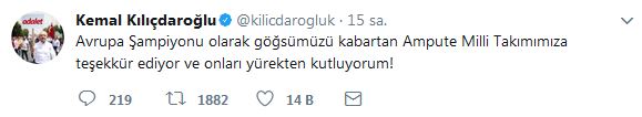 Kemal Kılıçdaroğlu Ampute Milli Takımını kutladı