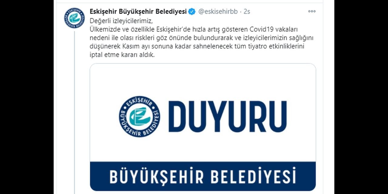 Eskişehir'de tiyatrolara COVID-19 iptali
