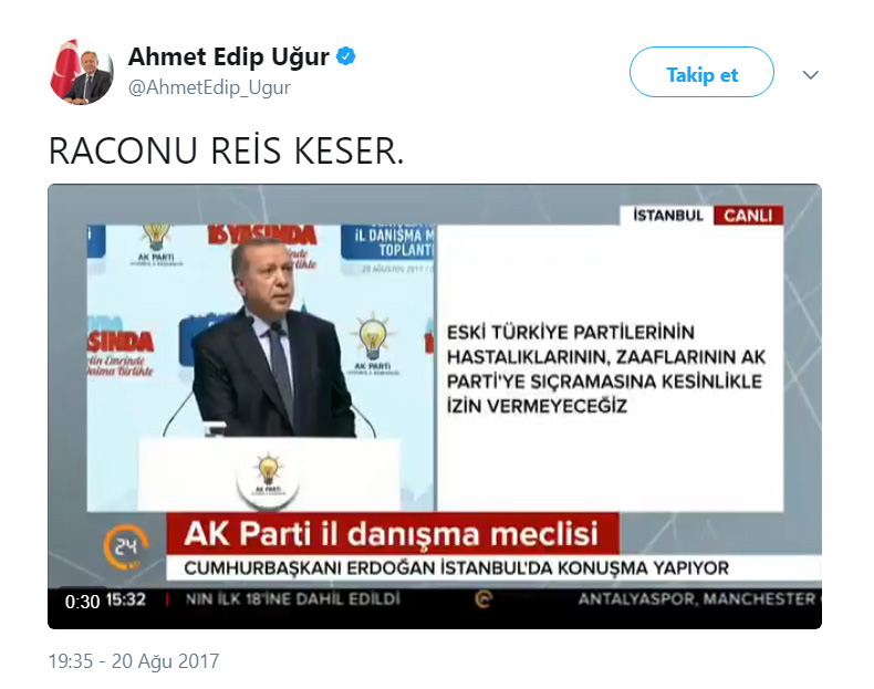 Ahmet Edip Uğur bu tweeti paylaşmıştı: "Raconu Reis keser"