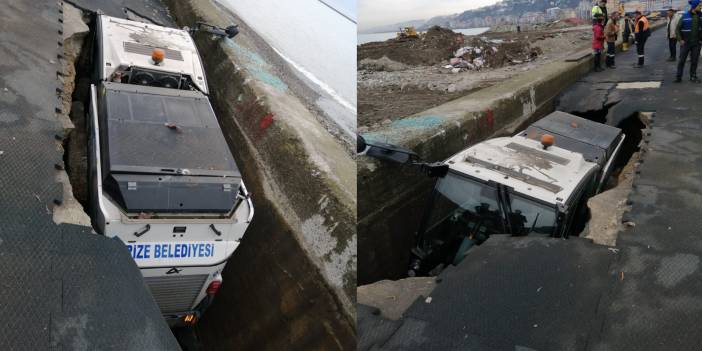 Rize'de belediye aracı çukura düştü