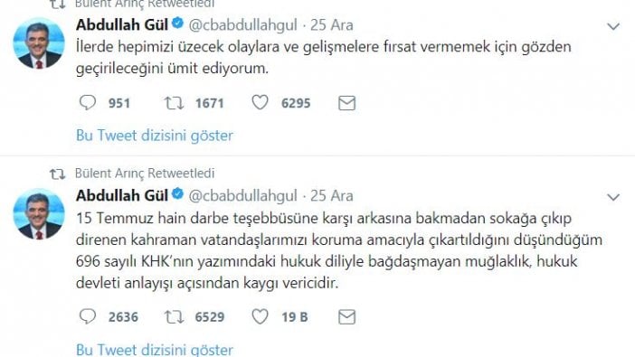 Bülent Arınç, AKP tarafındna eleştirilen Abdullah Gül'ün KHK tepkisine destek çıktı!