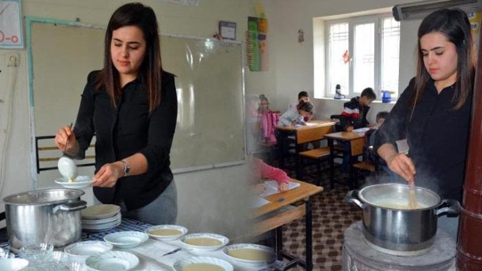 Öğrencileri için sınıftaki sobanın üzerinde puding hazırlıyor