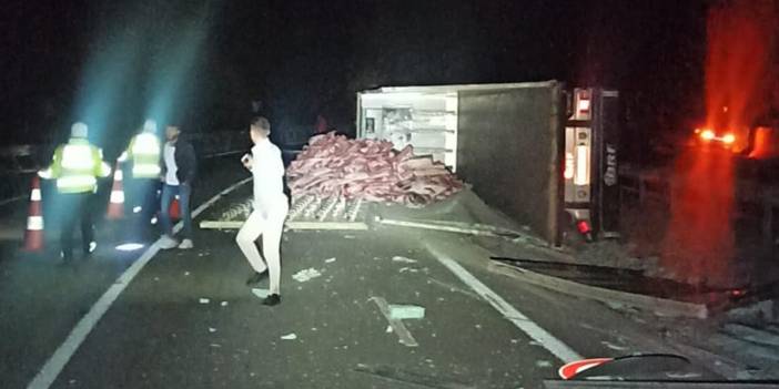 Devrilen TIR'daki tonlarca et yol ortasına döküldü