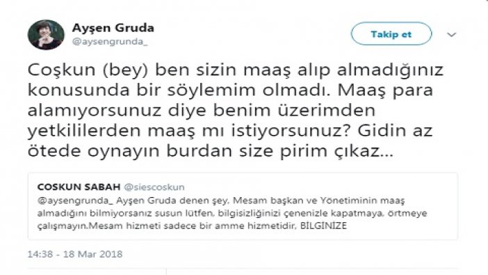 Ayşen Gruda'dan Coşkun Sabah'a: Gidin az ötede oynayın