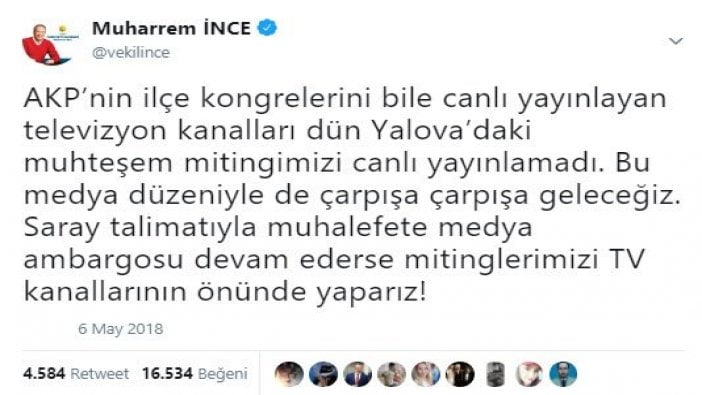 Muharrem İnce: Böyle devam ederse mitinglerimizi TV kanallarının önünde yaparız