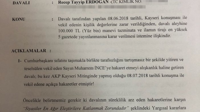 Muharrem İnce'den Erdoğan'a tazminat davası