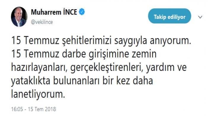 Muharrem İnce'den 15 Temmuz açıklaması