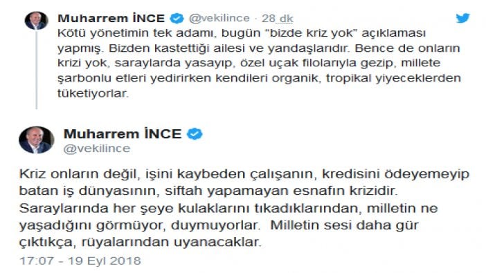 Muharrem İnce'den Erdoğan'a 'Kriz yok' yanıtı