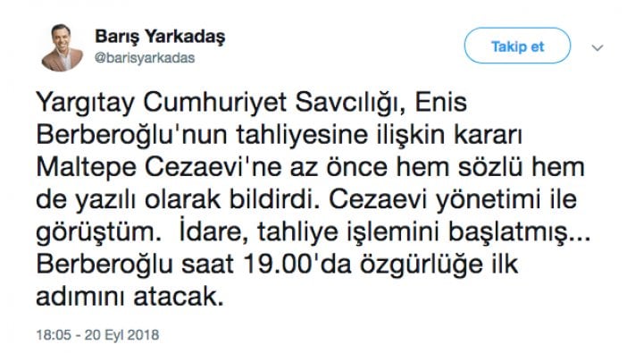 Enis Berberoğlu ne zaman tahliye olacak?