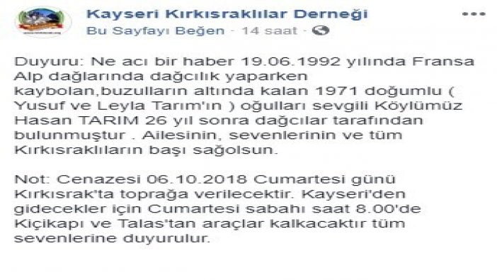 Kaybolan dağcının cenazesi 26 yıl sonra bulundu